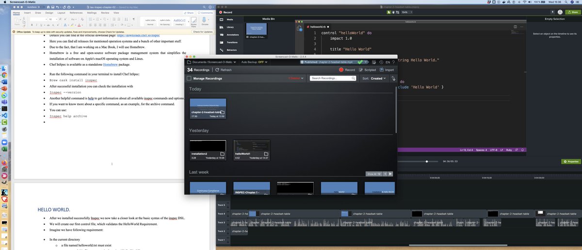 RudolfGroetz's tweet photo. #makingOfInspecCourse "#DevSecOps with InSpec" - 5 hours work to produce 5:45 minutes of Chapter 2 "Installation &amp; Hello World" - the mix of slides and coding makes is so hard - time to get feedback from my reviewers -  #behindTheScenes #timeForThePool https://t.co/DblMWeEeJl