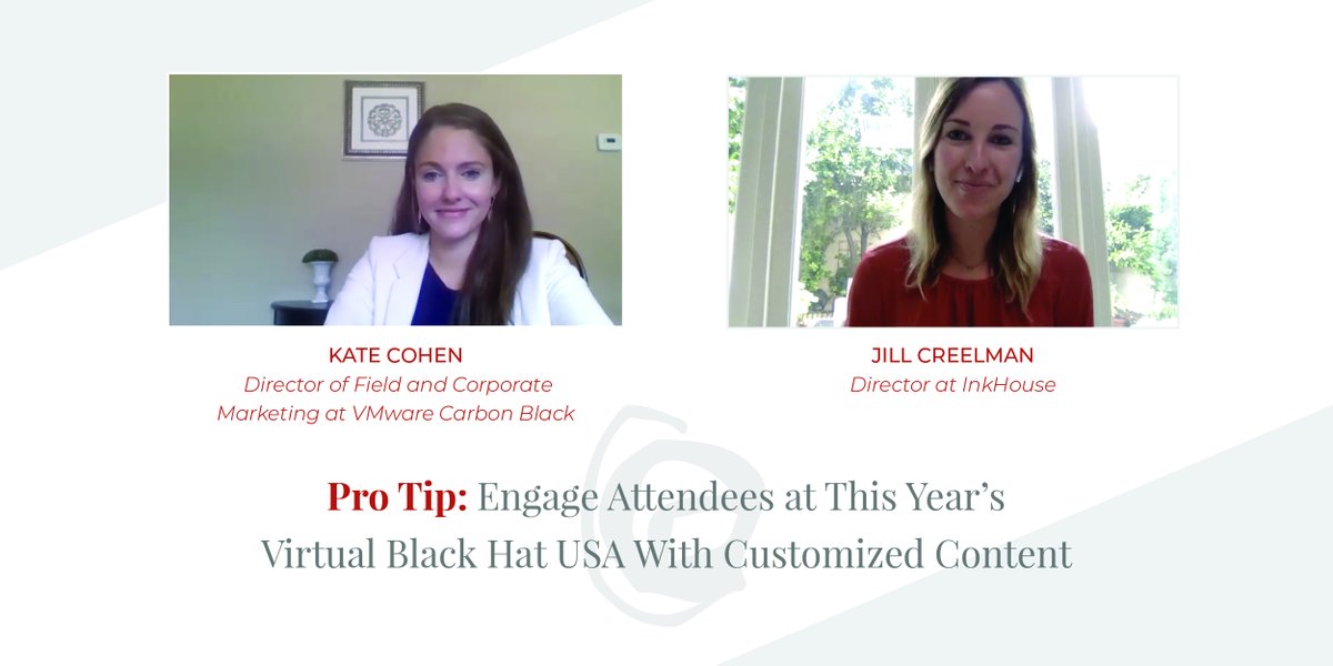 InkhousePR's tweet photo. Security pros are on the front lines protecting their orgs, will your #BHUSA content catch their attention? 
@vmw_carbonblack's Kate Cohen shares tips to increase engagement for this year’s #virtualevent with @jill_creelman https://t.co/RV9otlWBib #cybersecurity #client https://t.co/pMmp3bSHac