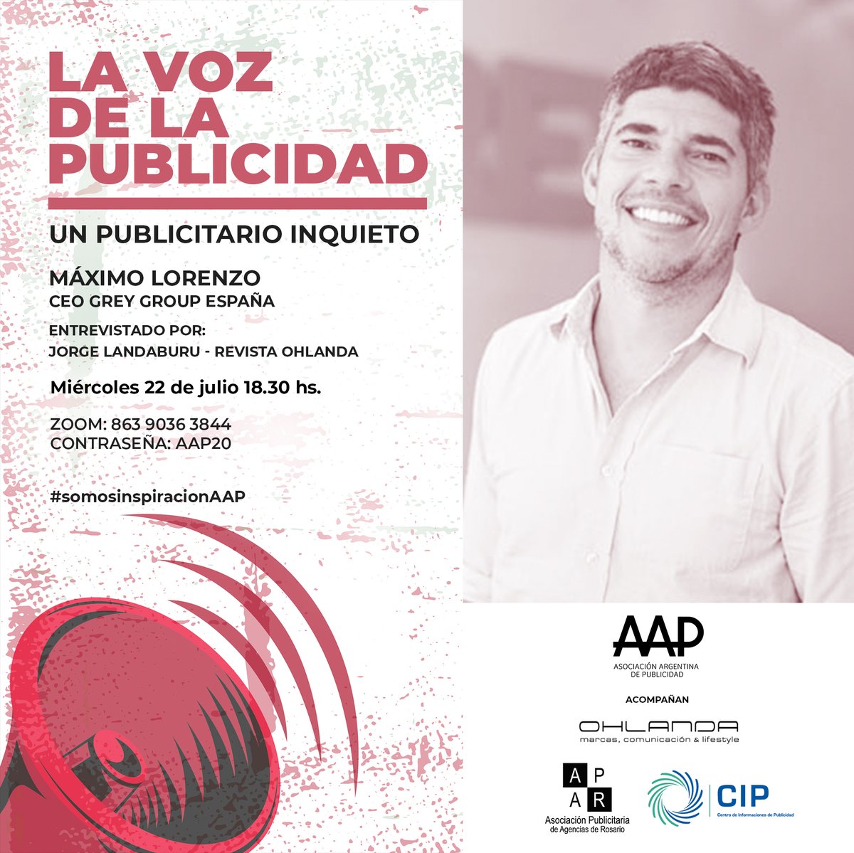 AAP_Info's tweet photo. HOY a las 18.30 hs Máximo Lorenzo Ceo Grey Group España estará charlando con nosotros. @GreyArgentina @GreySpain @LatinSpots @DossierNet @AdlatinaGroup @lanacionmas @josedel_rio @indiepor @CAA_Anunciantes 
https://t.co/8zg3mYAYyg
ID: 863 9036 3844
Código: AAP20 https://t.co/29iLfOXHUa
