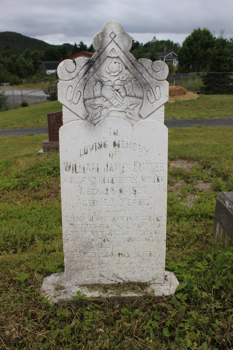 You’ll see different types of stones in the cemeteries. Some common ones are marble like this one for William James Butler who was accidentally killed on December 28th, 1950.