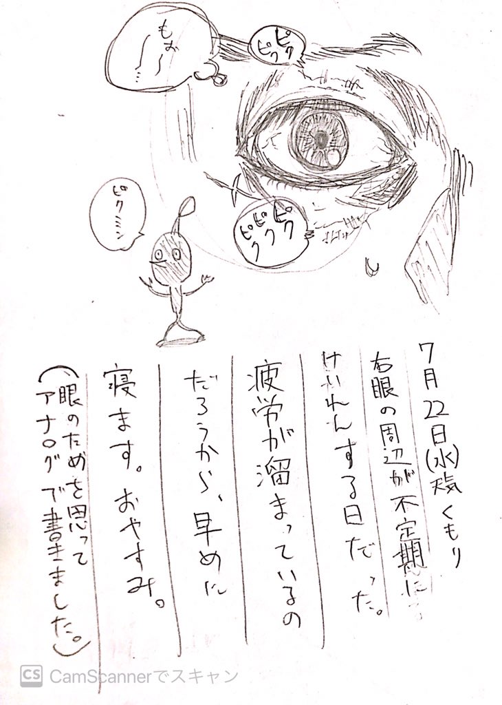 なんてことない絵日記と、ちょっと怖い目のアップを描いてしまったのでそれを中和するために描いた墓守さん 