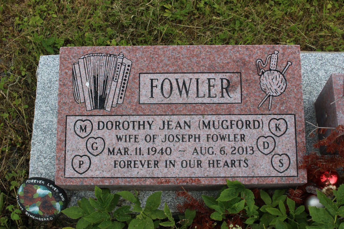 There are also many different types of motifs on the headstones. One that we love is this one for Dorothy Jean Fowler (nee Mugford) which features an accordion and knitting!
