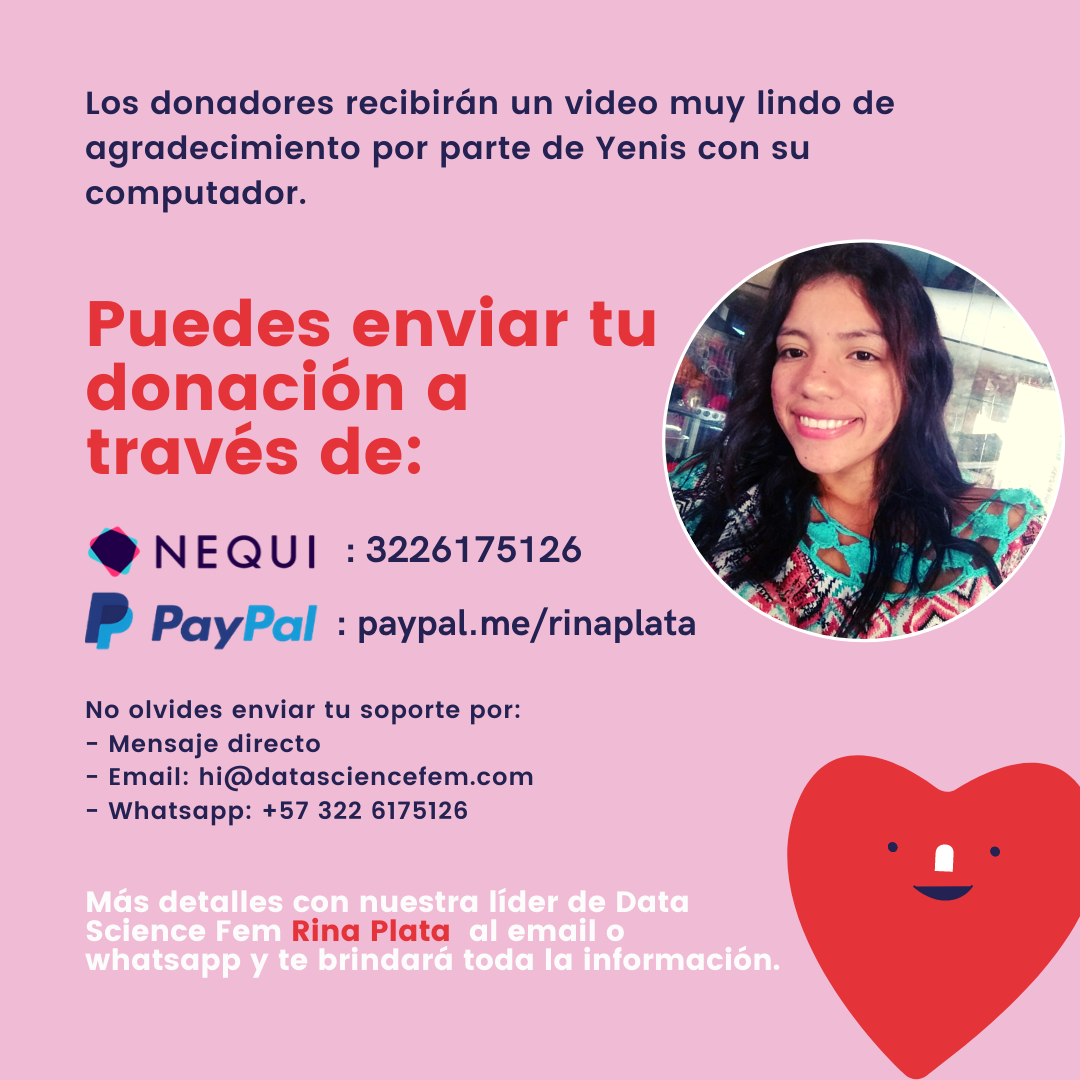 DataScienceFEM's tweet photo. 🙇‍♀️¡Falta poco! Apoyemos a Yenis Plata a cumplir su sueño e ser una #MujerSTEM en ingeniería electrónica. Continuemos compartiendo con amigos, familiares, jefes y empresas👩🏻‍💻  por #MásMujeresSTEM 

Info:
E-mail: hi@datasciencefem.com 
Whatsapp: +57 322 6175126 
#WomenInTech https://t.co/l2UVTxCJYJ