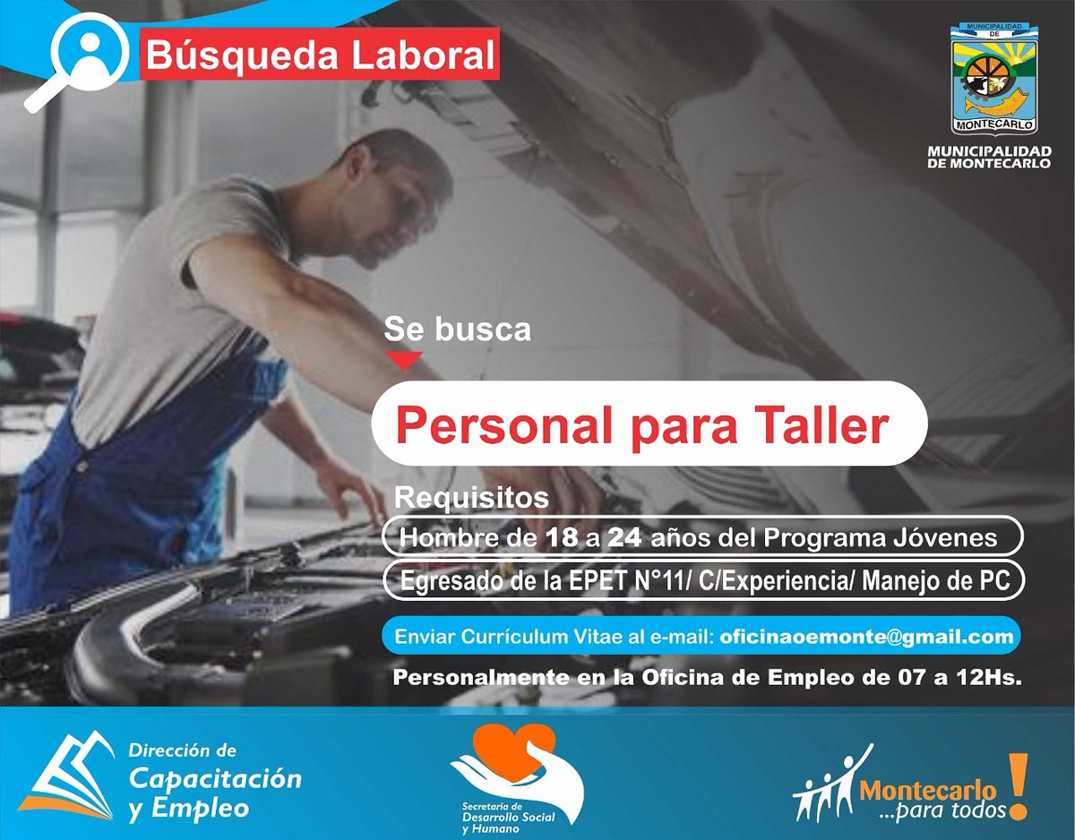 OficinadeEmple2's tweet photo. 📢 Atención jóvenes! 
▶️ La Oficina de Empleo de Montecarlo estará recepcionando currículums 
Requisitos:
🔶️ Estar dentro del Programa Jóvenes 
🔶️ Hombre de 18 a 24 años 
🔶️ Secundario completo (egresado de la EPET 11)
🔶 ️Con conocimiento en mecánica 
🔶️ Manejo de PC https://t.co/UddWAe0q0I