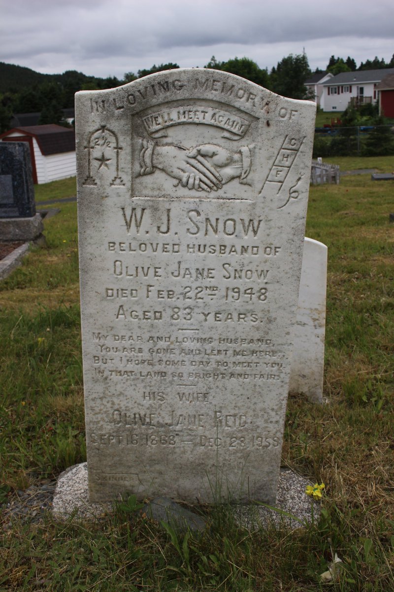 This stone for W.J Snow has a lot of symbols. It features clasping hands. See the two different cuffs on the hands? That usually means that one person has gone before the other and is leading them into the afterlife.