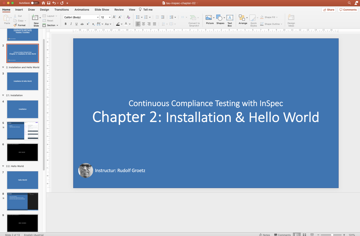 RudolfGroetz's tweet photo. #makingOfInspecCourse "#DevSecOps with InSpec" - 5 hours work to produce 5:45 minutes of Chapter 2 "Installation &amp; Hello World" - the mix of slides and coding makes is so hard - time to get feedback from my reviewers -  #behindTheScenes #timeForThePool https://t.co/DblMWeEeJl
