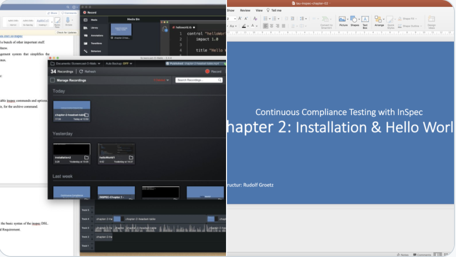 RudolfGroetz's tweet photo. #makingOfInspecCourse "#DevSecOps with InSpec" - 5 hours work to produce 5:45 minutes of Chapter 2 "Installation &amp; Hello World" - the mix of slides and coding makes is so hard - time to get feedback from my reviewers -  #behindTheScenes #timeForThePool https://t.co/inllbT1PEi