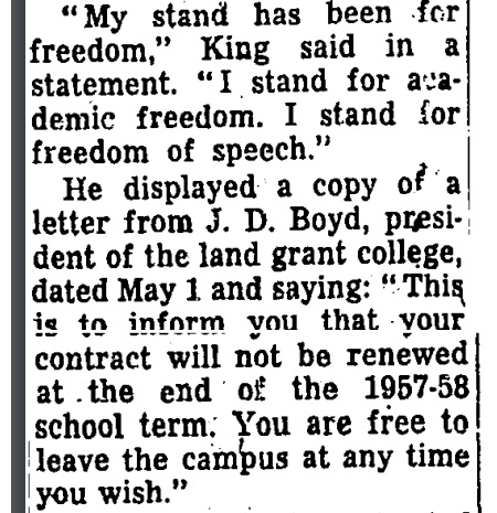 Chicago Daily Tribune, May 1958. “Negro Prof Fired; Backed Segregation.” A student boycott against a pro-segregation professor nearly closes a black college in 1957. He’s fired. His statement: “I stand for academic freedom. I stand for freedom of speech.”