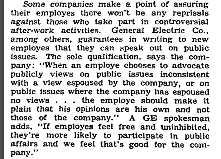 The piece also notes that General Electric contracts at the time evidently stipulated that employees had the right to speak out on controversial issues.