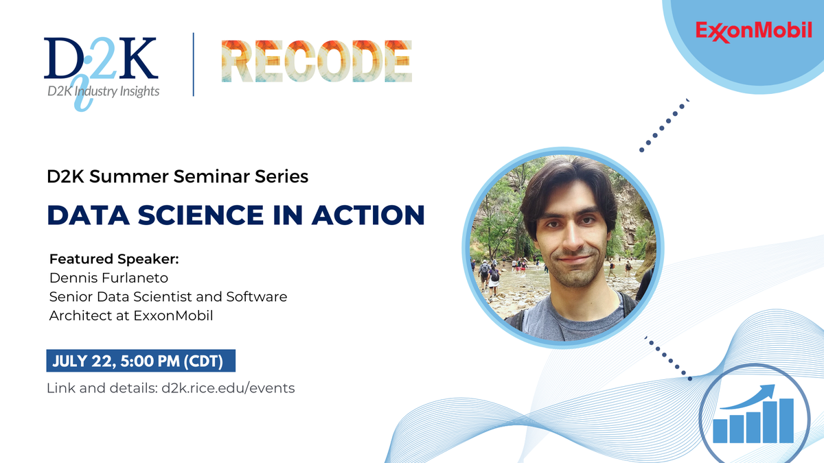 Rice_D2KLab's tweet photo. π’ TODAY at 5PM | Join us for the D2K Industry Insights featuring @exxonmobil data scientist Dennis Furlaneto. Learn how #datascience team is structured to tackle real-world problems. #Ricedatascience #Riced2klab Link to join: https://t.co/p9AdtWsfWS https://t.co/Id8rYeoTlx