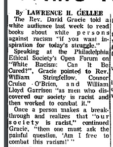 Philadelphia Tribune, April 1968. “‘White Racism’ ⁠— Can It Be Cured?” It’s reported that Rev. David Gracie, an activist, tells attendees of a local open forum to “read books about white persons against racism” for inspiration and argues for black community control of the police