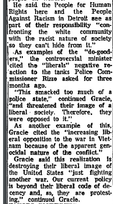 Philadelphia Tribune, April 1968. “‘White Racism’ ⁠— Can It Be Cured?” It’s reported that Rev. David Gracie, an activist, tells attendees of a local open forum to “read books about white persons against racism” for inspiration and argues for black community control of the police
