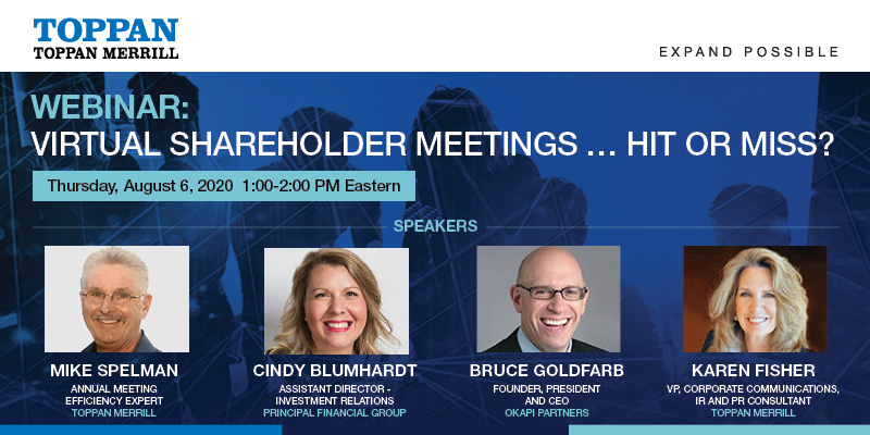 Join us to hear our panel of experts discuss the pros and cons of virtual annual meetings and the impact on shareholder participation. Register now: bit.ly/3htc1tM #virtualmeeting #annualmeeting #shareholdervalue