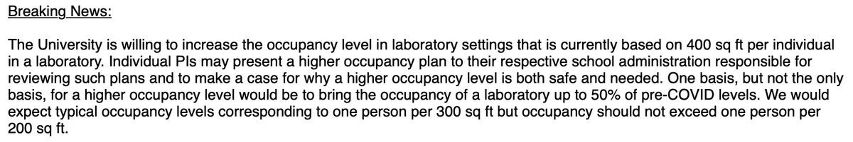 deniswirtz's tweet photo. One step at a time

We are increasing the occupancy rate of laboratories from 1 person/400 sqft to 1 person/300 sqft to get to 50% max occupancy.  

See full statement below: https://t.co/8x03iXnlA8