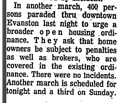 Chicago Tribune, April 1968. “700 Marchers ‘Confess’ to White Racism” This is described as a “Good Friday” procession through Chicago’s west suburbs led by a Lutheran reverend. The article says too that another march of 400 paraded through Evanston and that two more are planned.