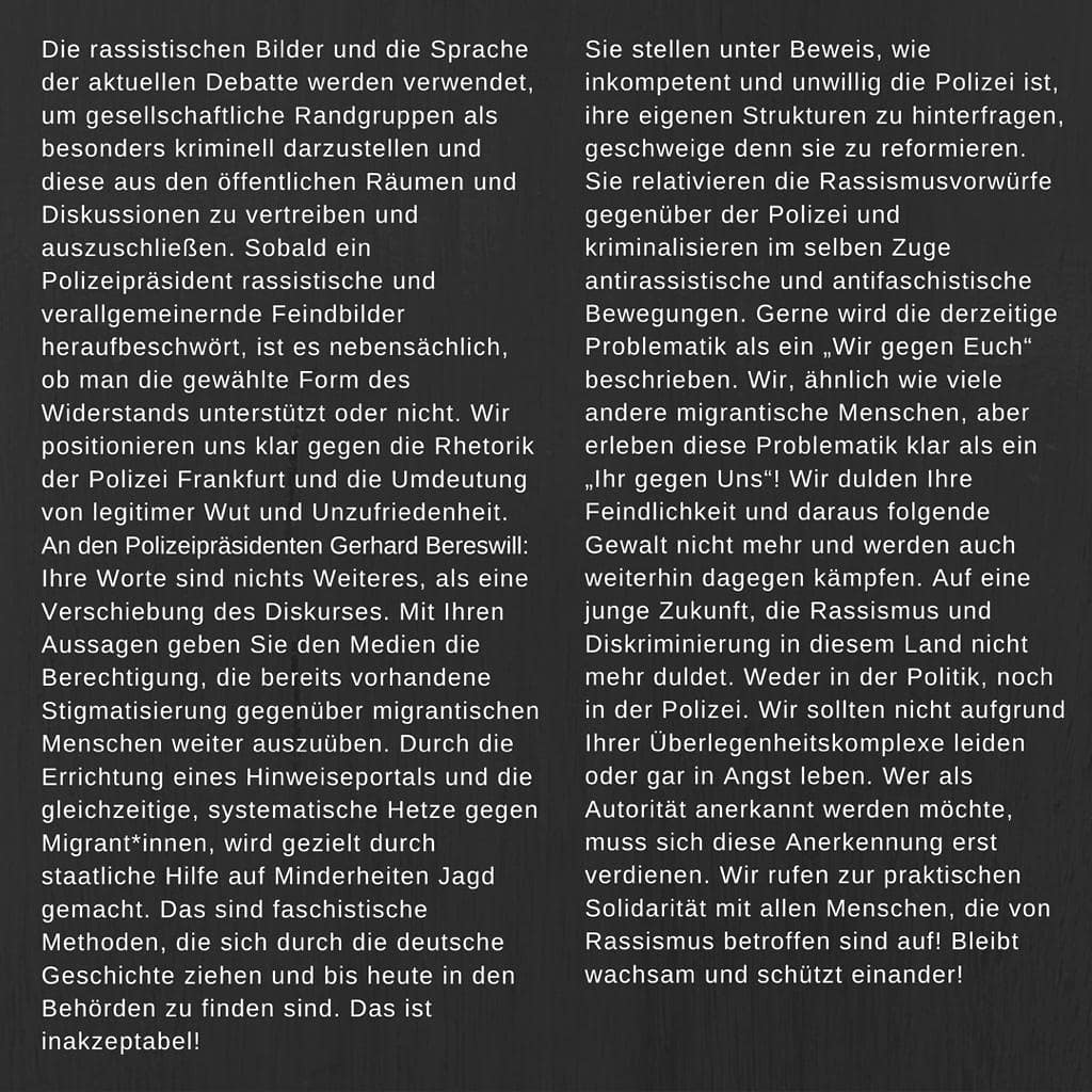 Beheardffm's tweet photo. Stellungnahme zur Pressekonferenz des Frankfurter Polizeipräsidenten am 19.07.2020

Keine Diskursverschiebung!

Das wahre Problem sind Rassismus &amp; rechte Strukturen in der hessischen Polizei!

#AlteOper #Opernplatz #frankfurtriots #FFM #Polizeiproblem #Rassismusproblem https://t.co/sVzDefWZS5