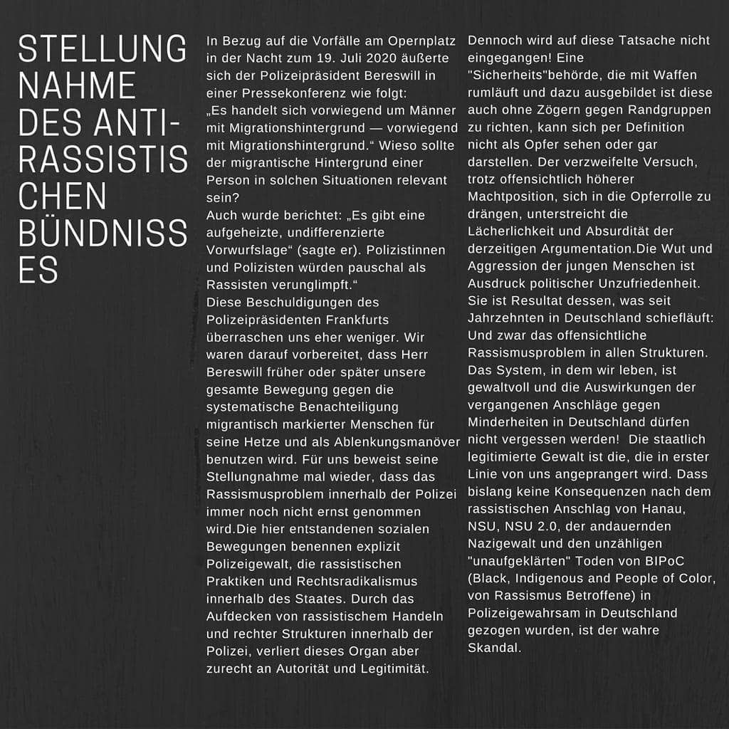 Beheardffm's tweet photo. Stellungnahme zur Pressekonferenz des Frankfurter Polizeipräsidenten am 19.07.2020

Keine Diskursverschiebung!

Das wahre Problem sind Rassismus &amp; rechte Strukturen in der hessischen Polizei!

#AlteOper #Opernplatz #frankfurtriots #FFM #Polizeiproblem #Rassismusproblem https://t.co/sVzDefWZS5