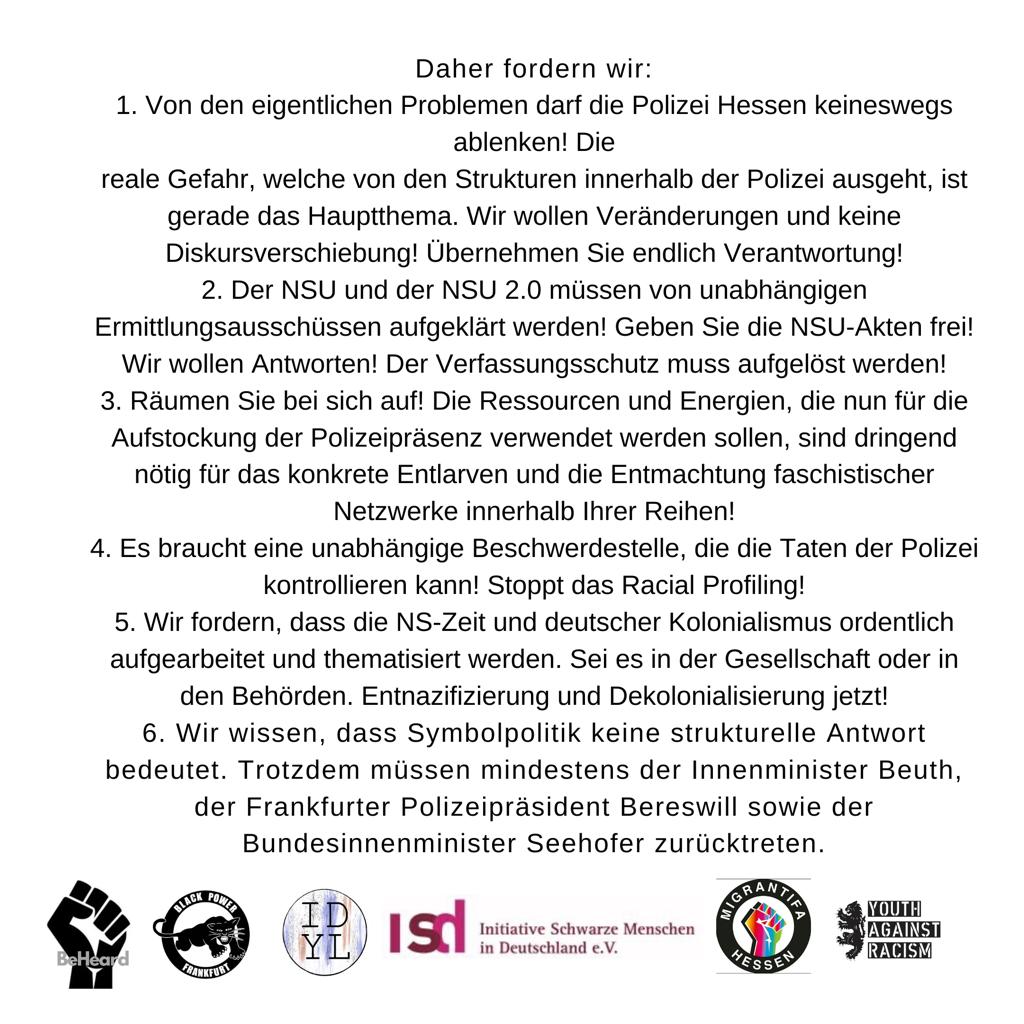 Beheardffm's tweet photo. Stellungnahme zur Pressekonferenz des Frankfurter Polizeipräsidenten am 19.07.2020

Keine Diskursverschiebung!

Das wahre Problem sind Rassismus &amp; rechte Strukturen in der hessischen Polizei!

#AlteOper #Opernplatz #frankfurtriots #FFM #Polizeiproblem #Rassismusproblem https://t.co/sVzDefWZS5