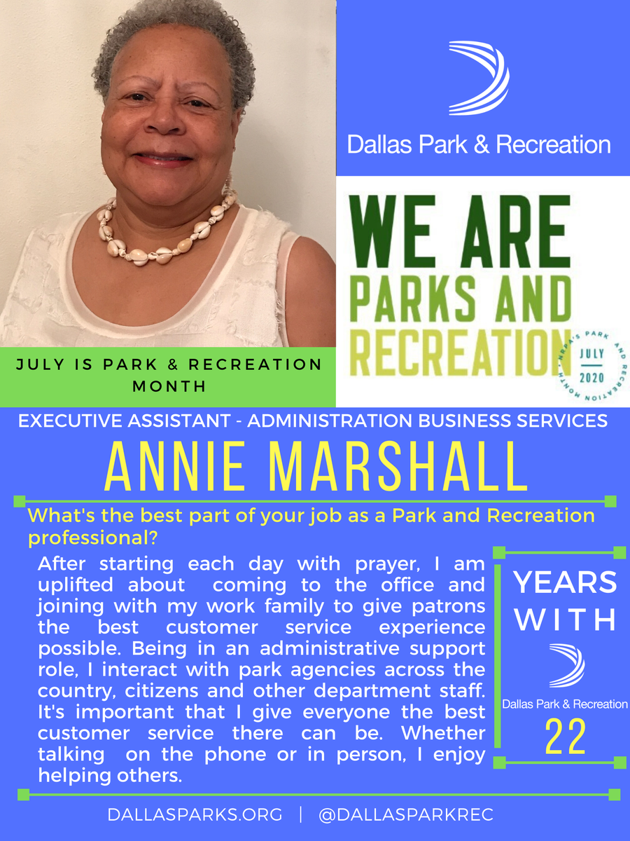 DallasParkRec's tweet photo. July is National Park and Recreation Month and the focus is on the Park &amp; Recreation Professionals that work to make Dallas a better place to live, work and play! Meet Annie! Annie has been working with #DallasParks for 22 years. WeAreParksAndRec #ThankAParkAndRecPro https://t.co/529f4QjoHu