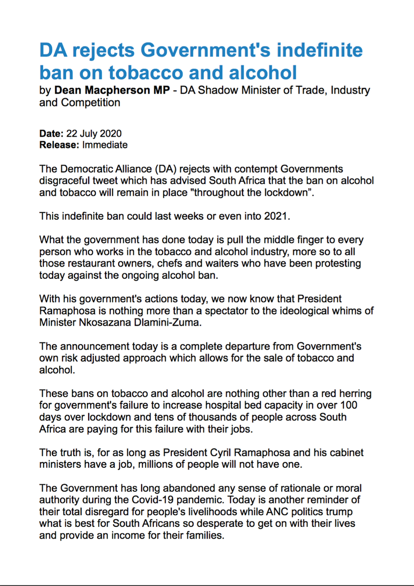 DeanMacpherson's tweet photo. The @Our_DA rejects with contempt the disgraceful behavior of President @CyrilRamaphosa  and @GovernmentZA today in banning alcohol and tobacco indefinitely. https://t.co/OMhipfQ3dy