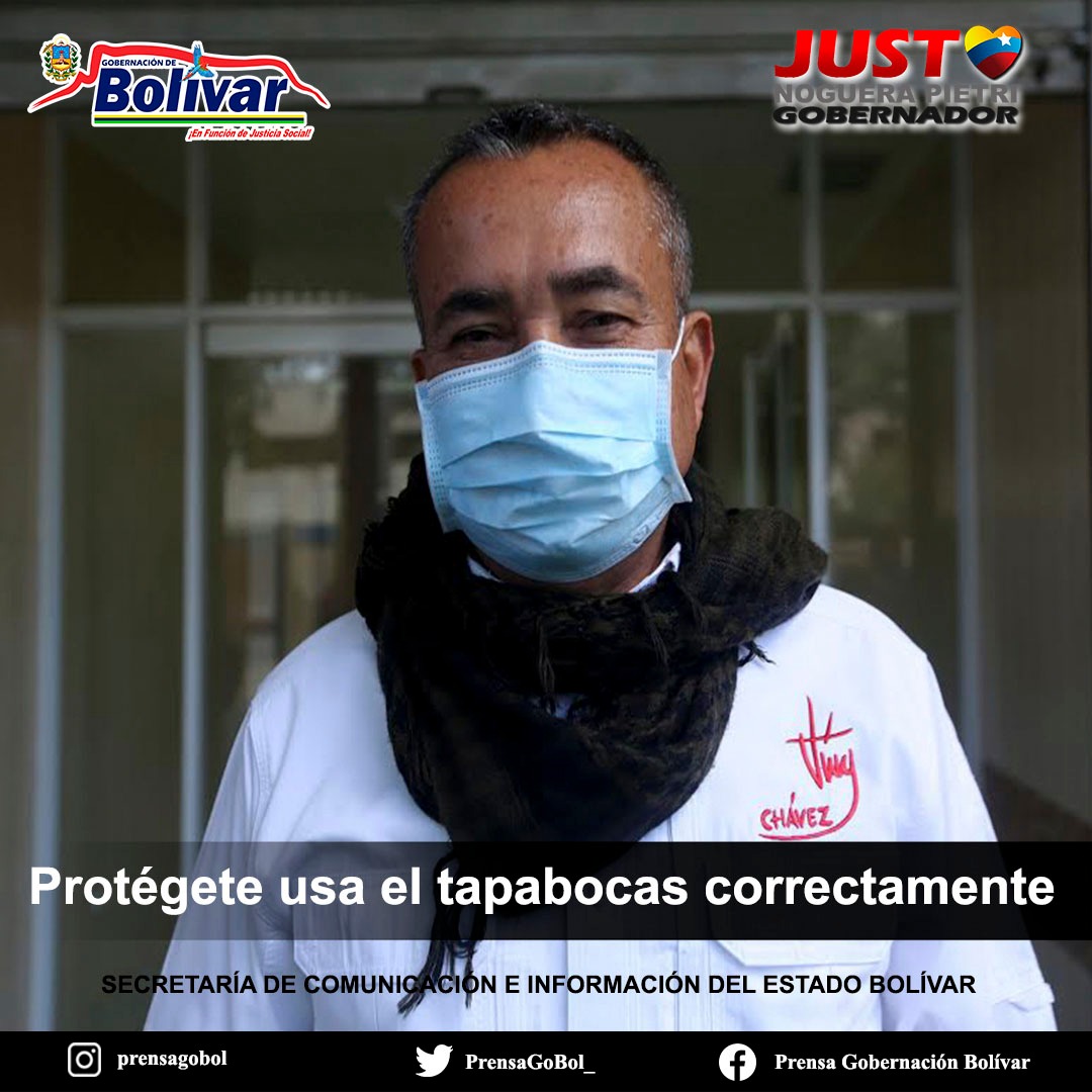#22Julio | Para crear conciencia al pueblo del estado Bolívar, @GobJustoNoguera reiteró el llamado al:

✅ Uso correcto del tapaboca.

✅ Lavar constantemente las manos con agua y jabón.

✅ Mantener el distanciamiento social.

✅ Fiel cumplimiento de la cuarentena estricta.