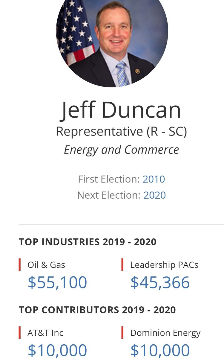 AviFlyGirl's tweet photo. @ClevelandHosea When your congressman's top donors are special interest money in the gas, utilities, &amp; telecommunications fields, is it any wonder he votes against #NetNutrality &amp; our #environmental!

#FlipSCBlue 🌊 #BeTheChange4Earth 
#BeTheChange4USA https://t.co/sdifoc0fo5