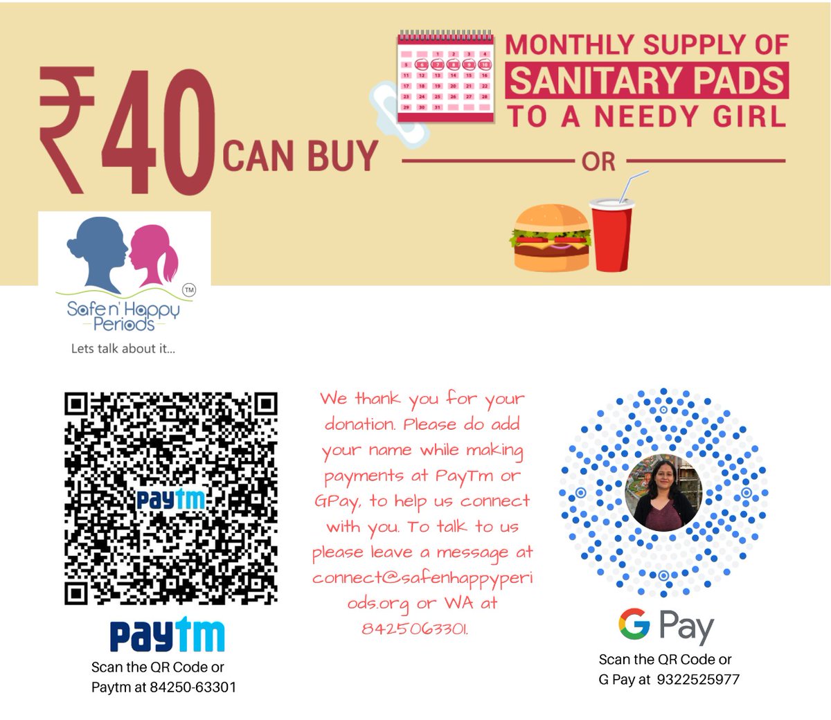 safehappyperiod's tweet photo. ₹40/- has more value than we think!

Did you know? A big population of Indian women cannot afford sanitary napkins. Your donation of just ₹ 40/- can help provide monthly supplies for a girl in need. 

Dm us for further details or write to us at connect@safenhappyperiods.org https://t.co/OVWqnz4z0H