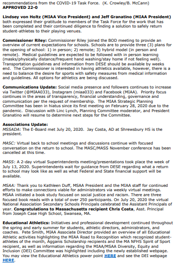 MIAA033's tweet photo. Here are @MIAA033 highlights from July 21st BOD mtg. Note the 4 votes taken including new athletic pre-season start date of 9/14. More details available after updated State recommendations released. Be patient. 

Active link here: https://t.co/VQUmrpJPLU

@MarshfieldSuper https://t.co/su94WBafbD