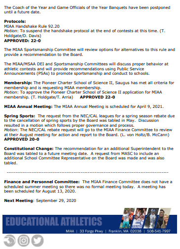 Here are <a href="/MIAA033/">MIAA</a> highlights from July 21st BOD mtg. Note the 4 votes taken including new athletic pre-season start date of 9/14. More details available after updated State recommendations released. Be patient. 

Active link here: ow.ly/RDnY50AF7Qy

@MarshfieldSuper