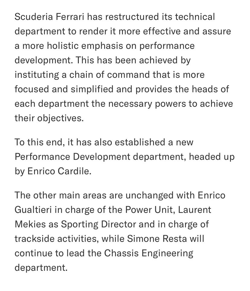 Vetteleclerc's tweet image. BREAKING: Scuderia Ferrari has restructured its technical department to render it more effective and assure a more holistic emphasis on performance development. To this end, it has also established a new Performance Development department, headed up by Enrico Cardile.

#Ferrari