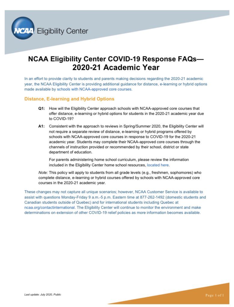 Student-athletes worried about NCAA Eligibility Center &amp; virtual core courses... the NCAA released this today. If you’re taking a virtual course that would have been an approved core course in person, it will still meet the requirements in a virtual setting.