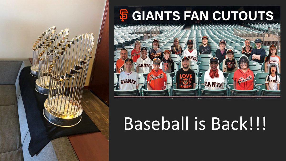 It's almost #MLBOpeningDay! Thanks to #Mitel #PoweringConnections  I met the <a href="/SFGiants/">SFGiants</a> triplets trophies. Really liking the Giants fan cutouts!