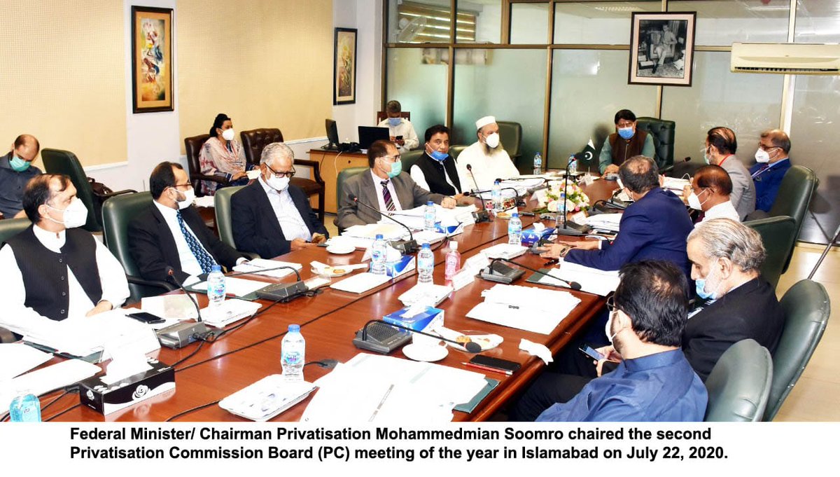 PrivComPakistan's tweet photo. Federal Minister/ Chairman@smmsoomro chaired the Privatisation Board meeting today. The transaction structures of 5 entities, SIH, FWBL,JCC, HBFCL and Pak-reinsurance were approved.#Balloki
#Mari#
HaveliBahadur
@PrivComPakistan https://t.co/py2URa2Qu1