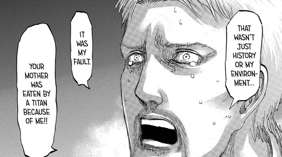 We see Reiner quickly rejecting this in the next panels. replying with how it wasnt his history or his environment but it was him.(Basically none of the kids would've gone thru with it if maybe Marcel had survived there. We even see them having doubts)