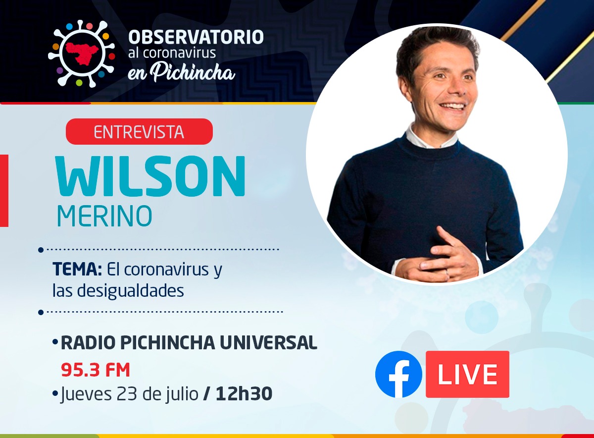 CovidPichincha's tweet photo. #ENTREVISTA | Este jueves 23 de Julio a las 12h30 Wilson Merino hablará sobre el Coronavirus y las desigualdades.
Sigue su entrevista 👉 @pichinchauniver https://t.co/d9lZW8e6fw
