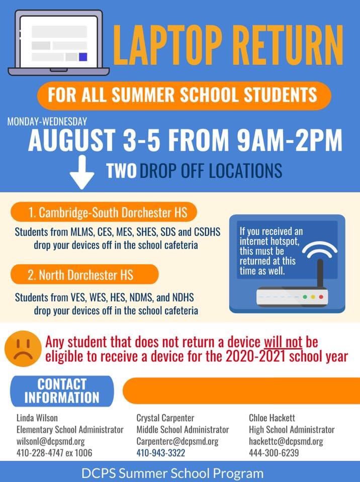 EFitzSolava's tweet photo. Summer School is winding down. Be certain to return all devices to #DCPSMD. #WeAreOneDCPS https://t.co/PMuFLdWViJ