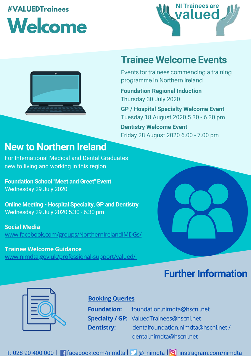 _NIMDTA's tweet photo. In preparation for new trainees commencing training in August 2020, @_NIMDTA has developed a programme of Welcome Events and useful resources for new doctors and dentists in this region. Click below for further details #VALUEDTrainees #VALUEDNI #WelcomeNI https://t.co/3glDxoruu5 https://t.co/jOGE5nz9CF