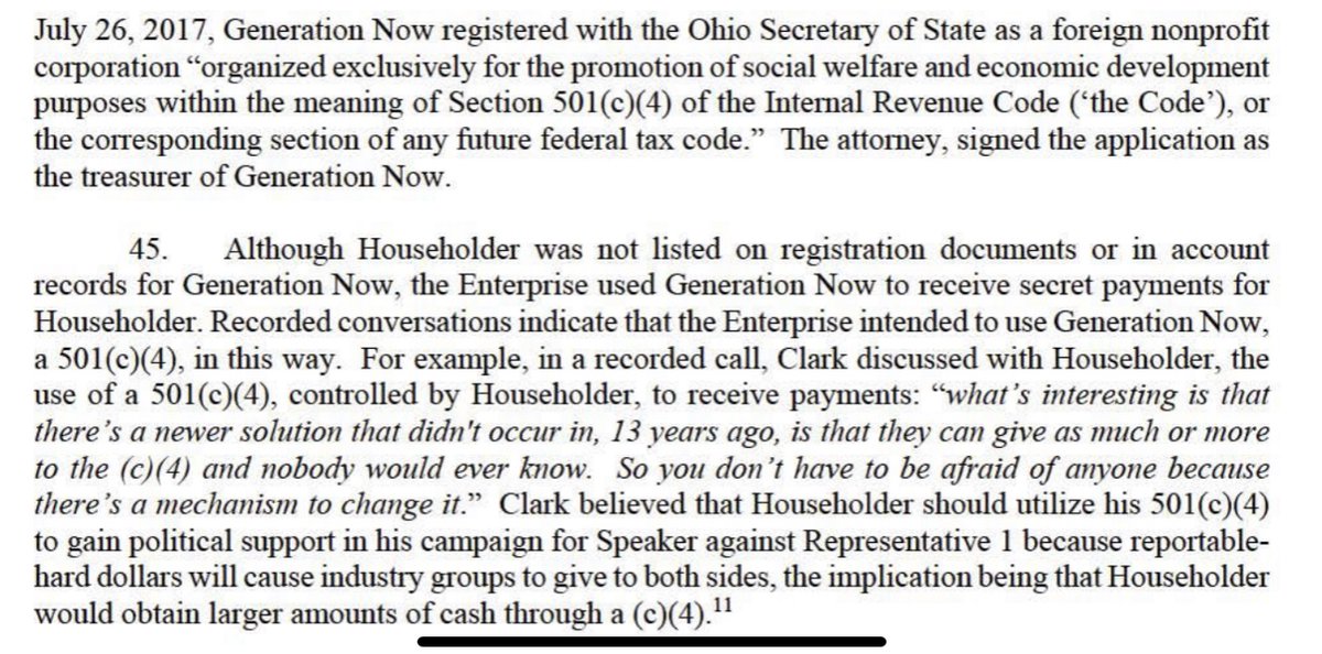 They picked 501c4 as their vehicle specifically BECAUSE of its secrecy. The "mission" on record was promote "social welfare & economic development purposes"Clark is on record saying, "A c4 is a secret. Nobody knows the money goes to the Speaker's account"