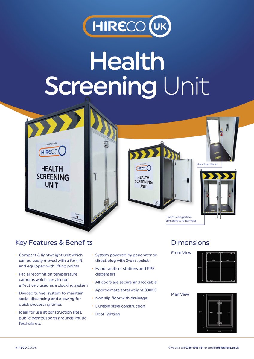 Hireco_World's tweet image. Together, we can overcome #COVID19.

By #stayingalert &amp;amp; implementing a Hireco #HealthScreening Unit to your facility, it allows us to take a step in the right direction to ensure a #safe return to normality. 

Keep your colleagues, customers &amp;amp; loved ones safe - call 0330 1245 651