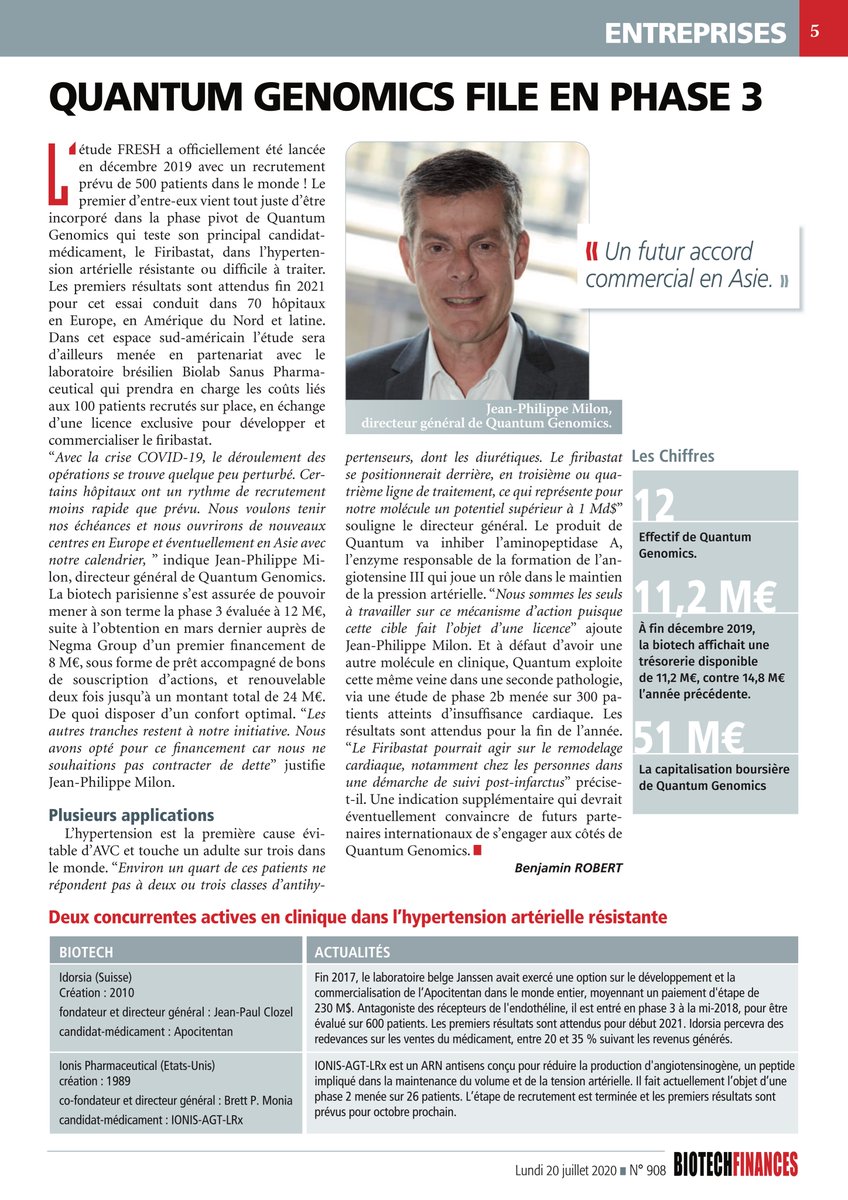 QuantumGenomics's tweet photo. A lire dans le dernier numéro de #Biotechfinances : "Quantum Genomics file en phase 3"  #QuantumGenomics #Firibastat #ResistantHypertension #HeartDisease https://t.co/RFvR6m2WGZ