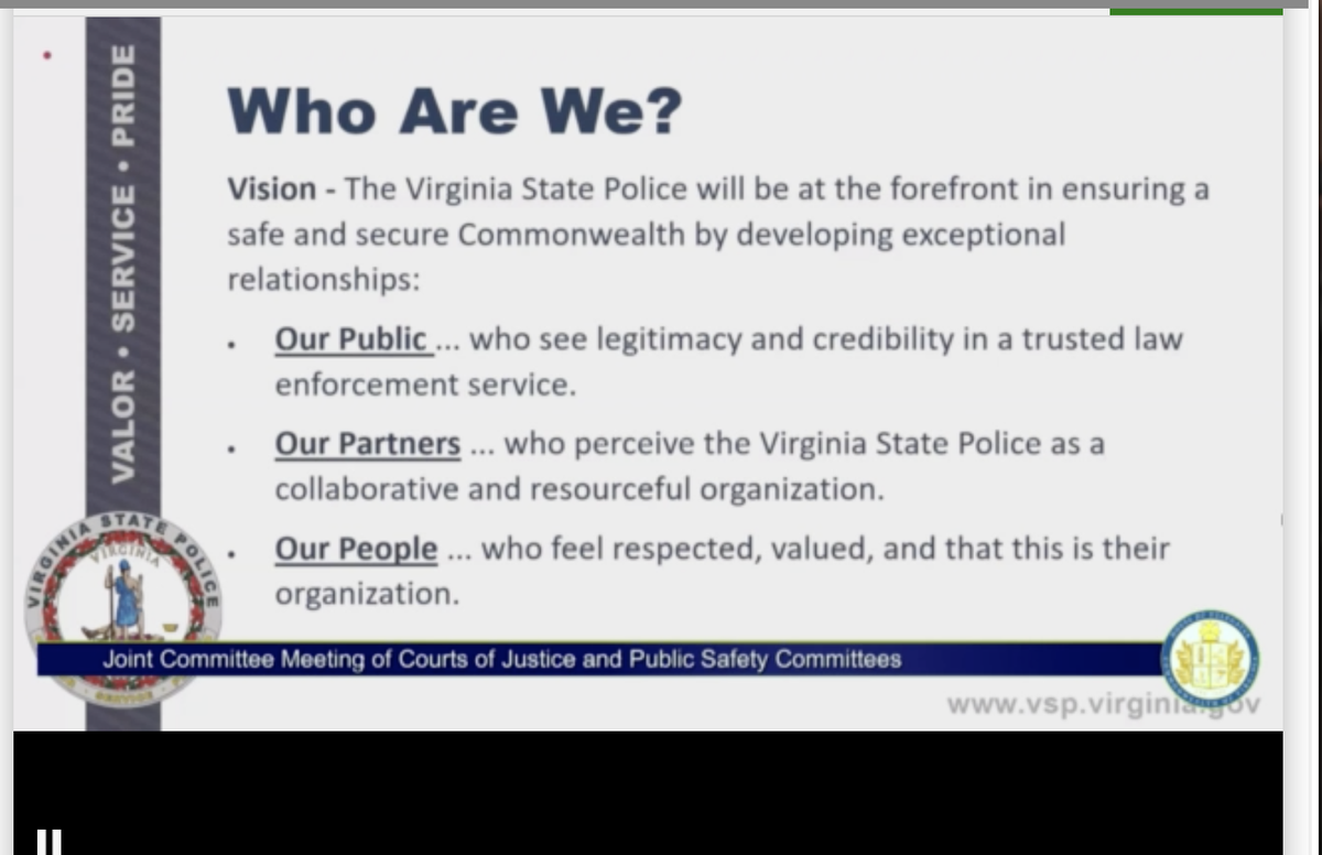 as a member of the public who has been on the receiving end of what amounts to a war crime from the virginia state police, i do not see "legitimacy and credibility in a trusted law enforcement service," sorry