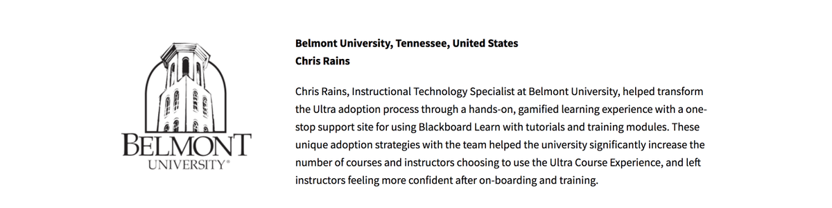 GeoffPrice_BU's tweet photo. Pumped for @BelmontUniv to be recognized this morning at #BbWorld2020 with special recognition to Chris Rains for his Catalyst Award for innovation in professional development: https://t.co/irgtcjUF5Y https://t.co/qRe3rVPa0k