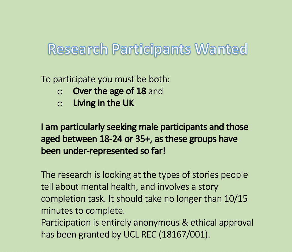 LauraCourtney96's tweet photo. Hi everyone, I'm still recruiting for my MSc thesis at UCL. Thank you to everyone who has participated so far - we’re grateful for all participants and now are particularly keen to hear from men and those aged 18-24 or 35+ who we haven’t had much representation from so far! https://t.co/AT5DL3BplP