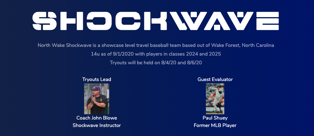 NWShockwave's tweet photo. Tryouts for North Wake Shockwave 14u are scheduled for 8/4 and 8/6, 6-9pm, The Factory Field #4.  Visit https://t.co/wvcjlxgzow for details!  Looking to play D1/Showcase level baseball and practice in Wake Forest?  Check us out. https://t.co/9BUQfuWv2H