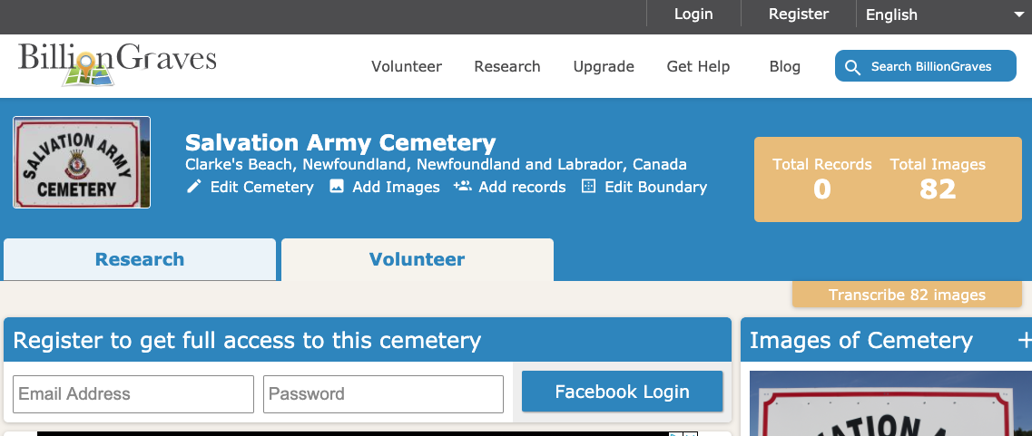 So we are going to click the orange Transcribe 82 Images, and start entering in tombstone data!