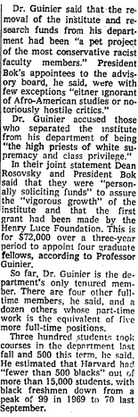 New York Times, March 1975. “Black Studies Feud Erupts at Harvard.” Prof. Ewart Guinier, chair of Harvard’s African-American studies department argues that the department is being undermined by “the high priests of white supremacy” at the university.