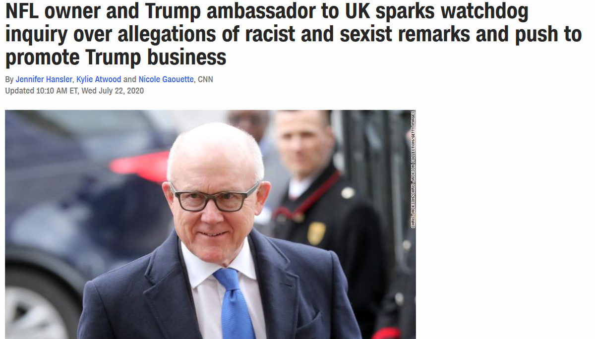 Human Scum Woody Johnson is serving America about as well as he serves the New York Jets. 

The U.S. Department of State <a href="/SecPompeo/">Secretary Pompeo</a>, the <a href="/nyjets/">New York Jets</a> and the <a href="/NFL/">NFL</a> should remove this racist, misogynist, piece of dirt from any position of power.