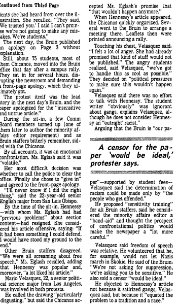 Los Angeles Times, June 1979. “UCLA 'Racism' Furore Lingers: Consequences for Free Campus Press Unclear.” Controversy at The Daily Bruin. Chicano student suggests sensitivity training & a censor for the paper. “We’re not asking for suppression, we’re asking you to be sensitive.”