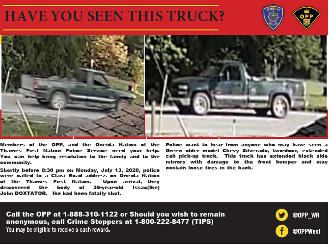 OPP West Region (@opp_wr) on Twitter photo #Middlesex OPP & the Oneida Police are seeking the public's help to locate an outstanding pick up truck used in Homicide on July 13,20 on Oneida. The P/U was last seen just before 8:30 p.m. Please contact the OPP @ 1-888-310-1122 or Crime Stoppers @ 1-800-222-8477. <a href="/OneidaPolice/">oneida police</a> #Middlesex OPP & the Oneida Police are seeking the public's help to locate an outstanding pick up truck used in Homicide on July 13,20 on Oneida. The P/U was last seen just before 8:30 p.m. Please contact the OPP @ 1-888-310-1122 or Crime Stoppers @ 1-800-222-8477. <a href="/OneidaPolice/">oneida police</a>