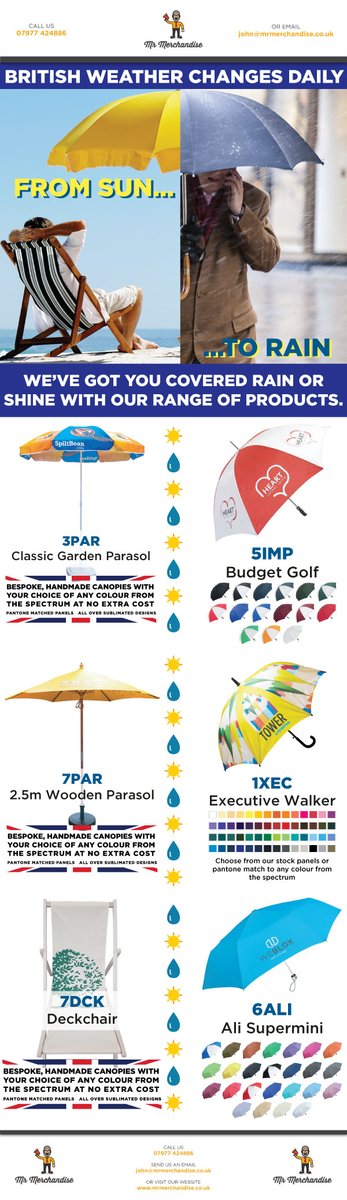 CommCommLtd's tweet image. Typical British summer - unsettled with rain showers one day, sunny the next. But I can supply you branded merchandise to suit either 🙂
#PromotionalProducts for #Marketing whatever the #Weather